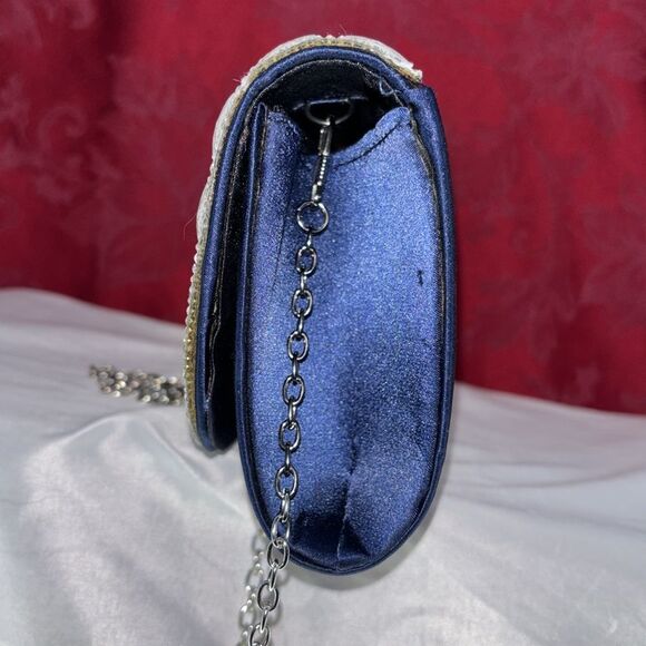 Lulu Townsend Clutch Pleated Blue Satin Rhinestone‎ Women Chain - Picture 4 of 12